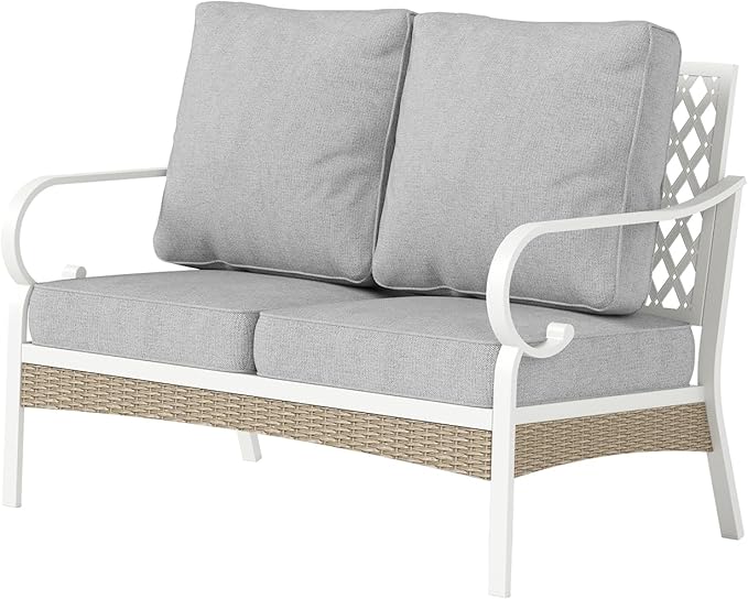 Metal Patio Furniture Loveseat with 5.75" Extra Thick Waterproof Cushion, 2-Seater Deep Seating & High-Back White Outdoor Couch All Weather Outdoor Seating for Gazebo Porch, Light Gray