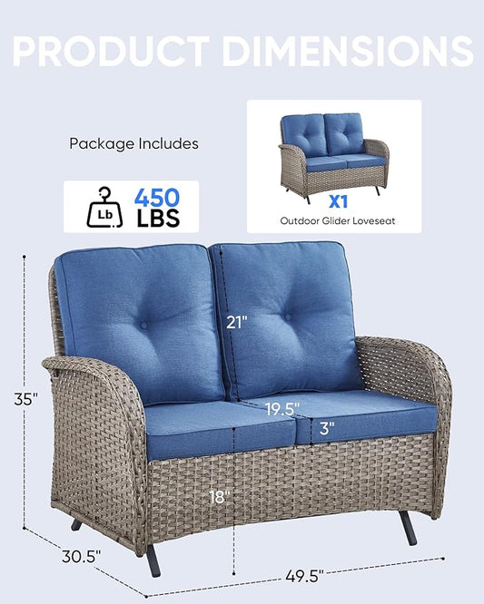 Outdoor Glider Bench-2 Seater Patio Glider Loveseat with High Back and Deep Seating Outdoor Couch for Deck Porch Garden Balcony Poolside-Grey/Blue