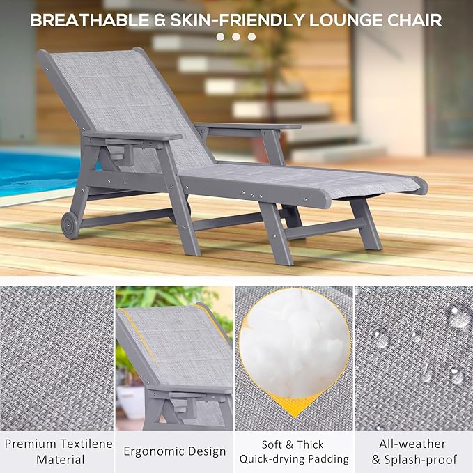 Outdoor Chaise Lounge Chair with Table Set of 3, 5-Position Adjustable Patio Lounge Chair with Wheels & Cup Holder, HDPE Pool Lounge Chair for Outside, Poolside & Beach (Grey)