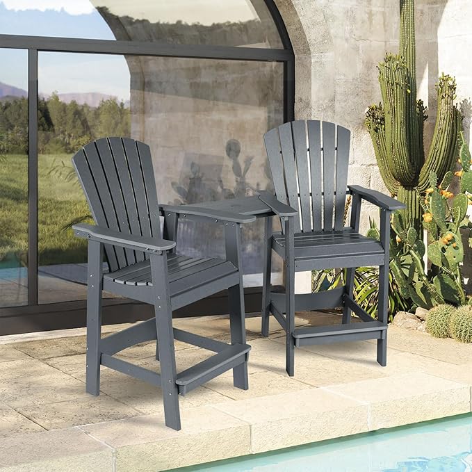 Aoodor Tall Adirondack Chairs Set of 2,HDPE Patio Bar Stool with Connecting Tray,All-Weather Balcony Chair for Outdoor Backyard, Garden, Yard - Gray