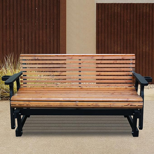 3-Seater Outdoor Glider Chair, 5FT Wood Porch Glider with High Roll Back, Cupholders and Deep Contoured for Porch, Garden, Brown and Dark Grey