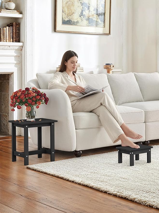 LUE BONA Outdoor Side Table, 2-Tier HDPS Outdoor Nesting End Table with Removable Small Foot Stool for Patio, Deck, Poolside, Low Maintenance & Weather Resistant,Black