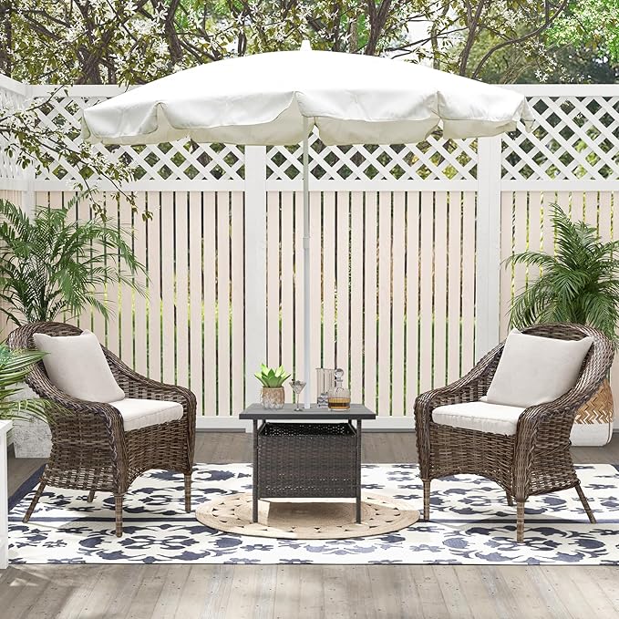 Tangkula Outdoor Wicker Table, Rattan Coffee Table with Umbrella Insert Hole, HDPE Tabletop & Sturdy Metal Frame, Patio Umbrella Side Table Stand for Backyard, Garden, Poolside (Mix Brown)