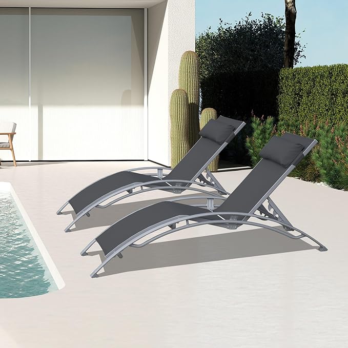 Domi Lounge Chair Set of 2, Aluminum Lounge Chairs for Outside with 5 Adjustable Positions, Chaise Lounge Outdoor for Pool, Garden, Beach, Camping, Backyard(Dark Gray)