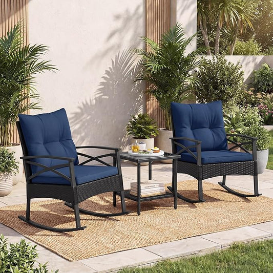 Tangkula 3 Pieces Outdoor Rocking Chairs Set, Rattan Heavy Duty Cushioned Rocker Chairs with 2-Tier Tempered Glass Coffee Table, for Garden, Balcony, Backyard (Black+Navy)