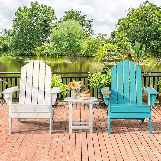 Giantex Adirondack Chair Outdoor Folding Chairs, HDPE Weather Resistant Patio Chair with Built-in Cup Holder Lawn Chair for Patio, Backyard, Balcony, Deck Outside Plastic Fire Pit Chair (4, White)