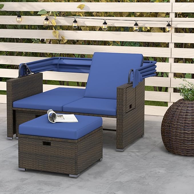 RELAX4LIFE Wicker Outdoor Daybed with Canopy - Rattan Loveseat Sofa Set w/Storage Ottomans, Adjustable Back, Retractable Trays, Sunbed Double Chaise Lounge for Backyard, 2-Seater Patio Daybed (Navy)