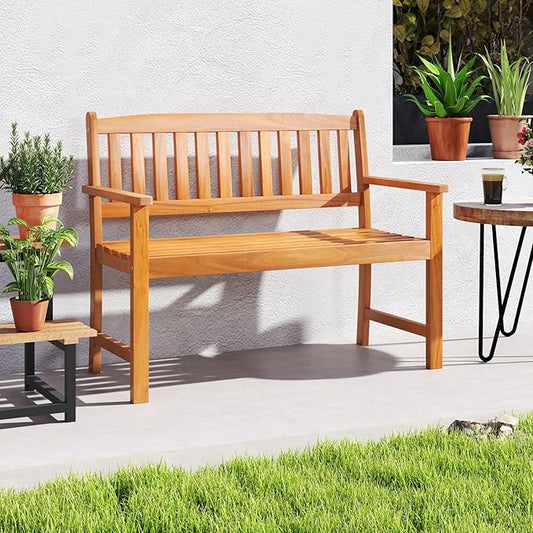 RELAX4LIFE Outdoor Bench Acacia Wood - 2-Person Garden Bench w/Backrest & Armrests, Slatted Wooden Patio Loveseat Chair for Front Porch Poolside Park Backyard, 800 LBS Weight Capacity (43'')
