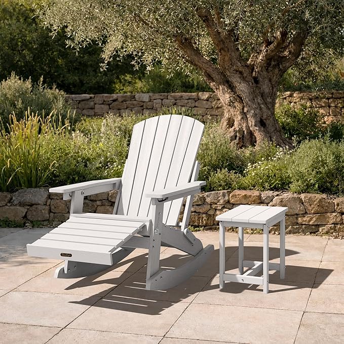 Adirondack Rocking Chair with Retractable Ottoman, 4-in-1 Foldable Reclining Patio Chair, HDPE Wood-Look Outdoor Rocker for Porch, Garden & Poolside, White