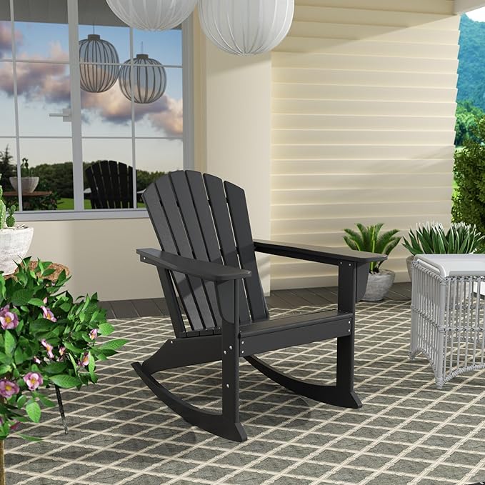 Costaelm Outdoor Adirondack Chair, All Weather Resistant Lawn Chairs Balcony Chair and Fire Pit Chairs, Deck Chairs Outdoor Porch Rocking Chair High Back HDPE Poly Lumber, Gray