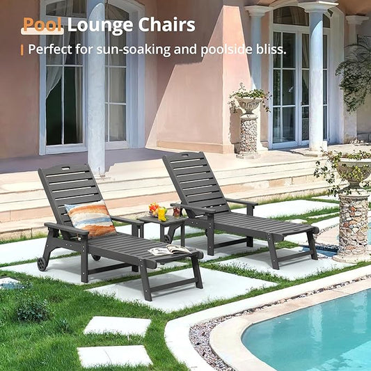 LUE BONA HDPS Chaise Lounge Chair Set of 2, Outdoor Pool Lounge Chairs with Adjustable Backrest, Resin Patio Lounge Chairs with Wheels for Outside, Dark Gray
