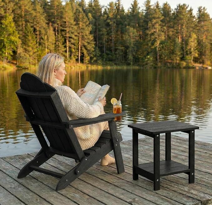 LUE BONA Folding Adirondack Chair, Adirondack Chairs Set of 2, Cup Holder, Woodgrain, Fire Pit, Patio, Pool, Black