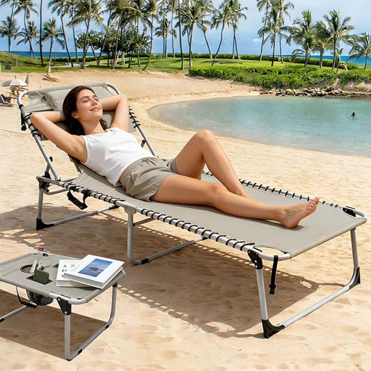 Backpack Sun Tanning Chair with Face Hole & Beach Table, 5-Position Adjustable Folding Lounge Chair Outdoor for Lawn Patio Garden
