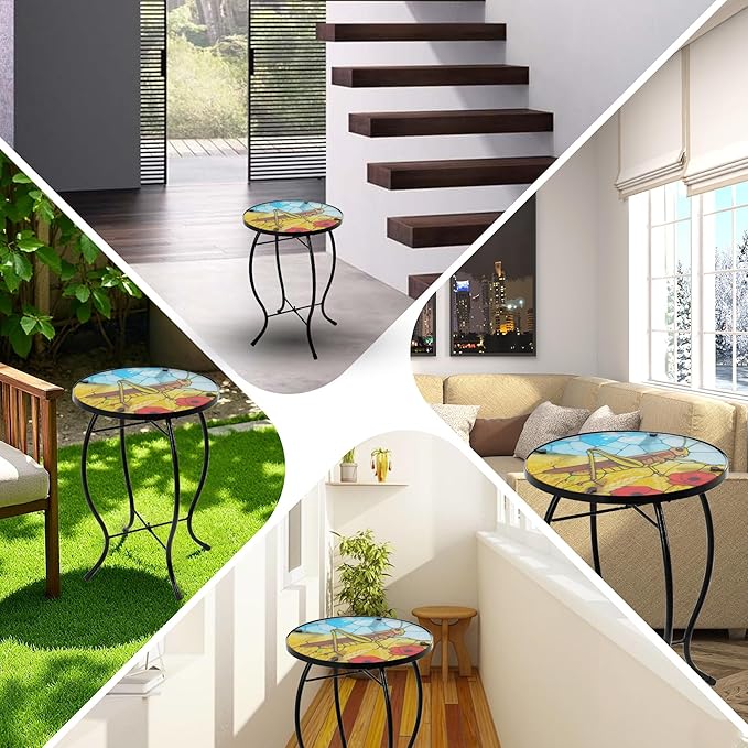 Small Side Table with Metal Frame, 10.5" Round Side Tables with Grasshopper Pattern,Outdoor Table for Balcony,Terrace,Garden,Living Room