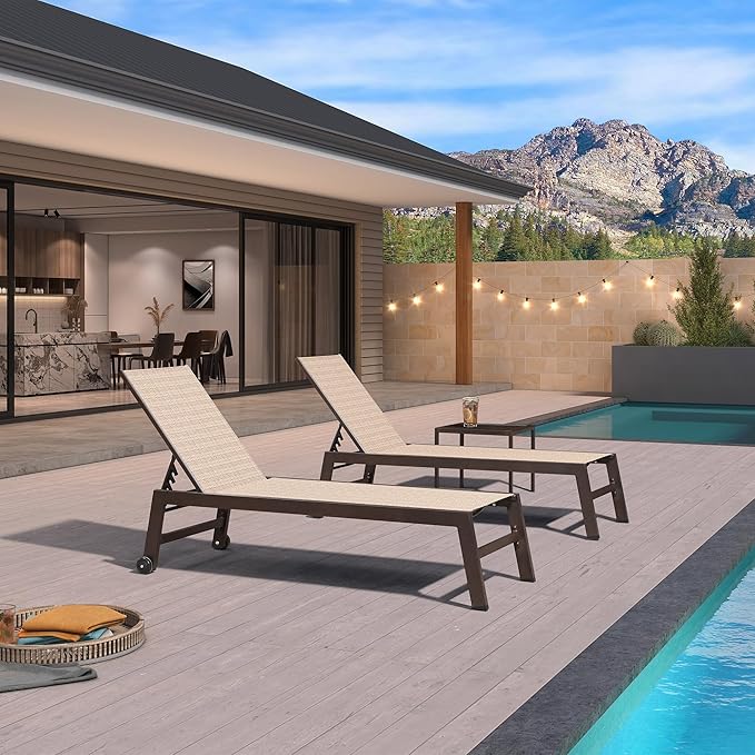 PURPLE LEAF Outdoor Chaise Lounge Chair Set of 2, Patio Pool Textilene Loungers with Adjustable Backrest and Wheels, Includes Side Table for Deck, Lawn, Garden, Light Tan
