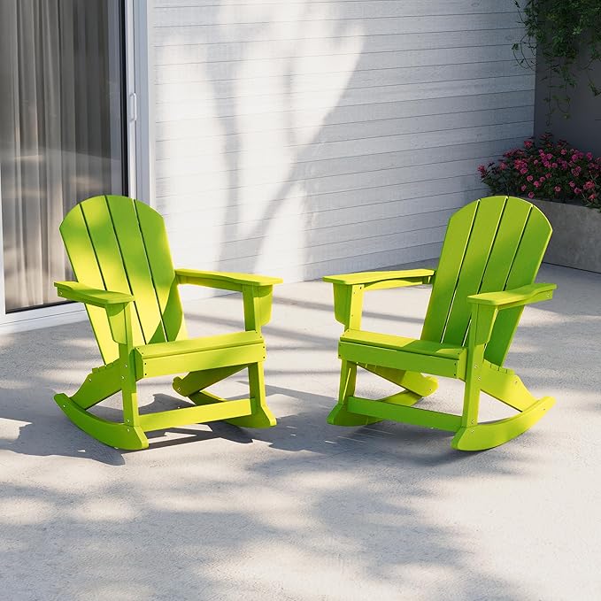 Costaelm Outdoor Adirondack Chair Set of 2, All Weather Resistant Classic Balcony Chair and Fire Pit Chairs, Adirondack Plastic Outdoor Porch Furniture Rocking Chair High Back HDPE Poly Lumber, Lime