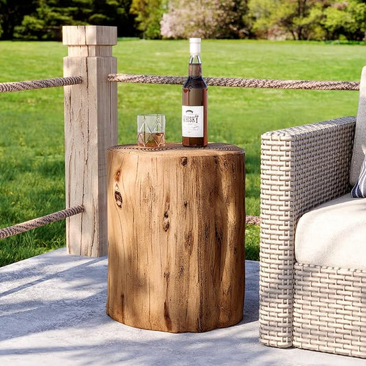 HOMPUS Concrete Outdoor Side Table Set of 2, 2 Piece Tree Stump Modern Round Coffee Table Accent Table Set Plant Stand Faux Wood End Table Garden Stool for Patio,Home Decor, Living Room, Oak