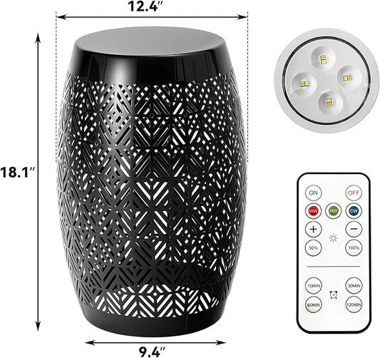18" Cutout Metal Outdoor Side Table with 3-Mode LED Lights, Modern Decorative Drum End Table, Versatile Coffee Table/Garden Stool/Night Stand/Plant Stand for Patio, Living Room, Bedroom