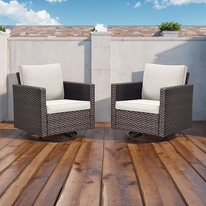 Outdoor Patio Swivel Rocker Chairs - Wicker Patio Swivel Rocking Chairs Set of 2 with Waterproof Wicker,Comfortable Cushions and Sturdy Metal Frame for Outside Porch Deck Backyard(Brown/Beige)