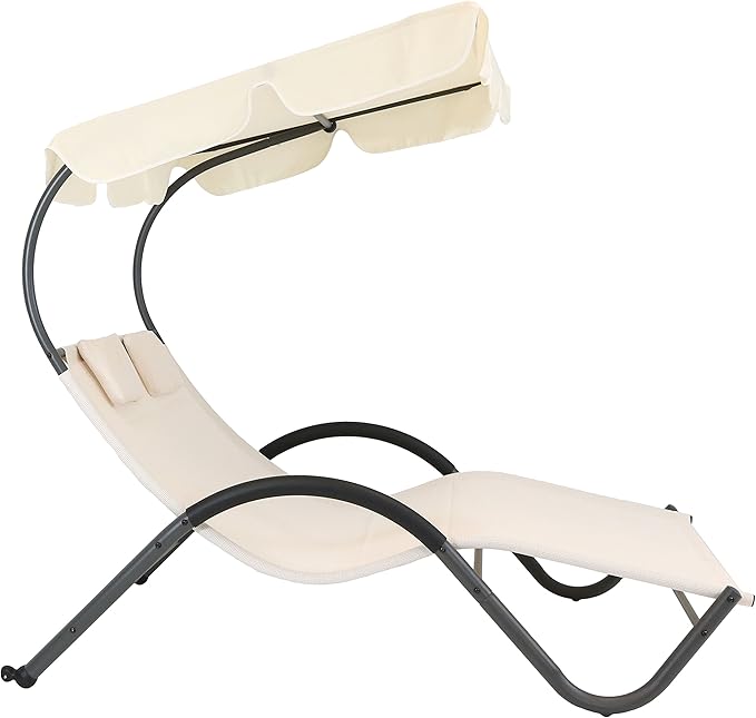 Sunnydaze Outdoor Double Chaise Lounge with Canopy Shade and Headrest Pillows - Beige Fabric with Black Powder-Coated Frame