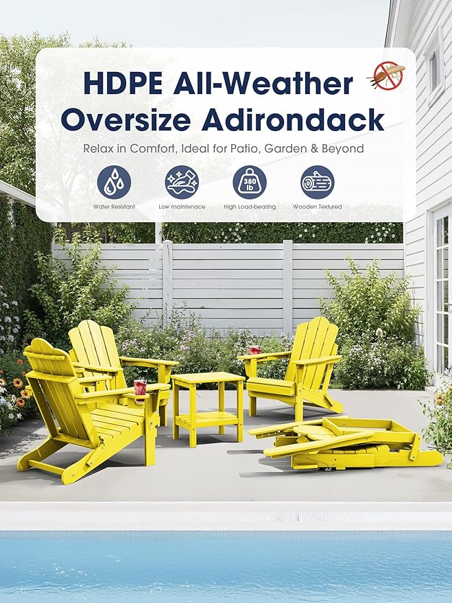 KINGYES Adjustable Folding Adirondack Chair, 3-Position Reclining Adirondack Chairs with Cup Holder, HDPE All-Weather Oversized Adirondack for Outdoor, Patio, Backyard Deck, Fire Pit, Yellow