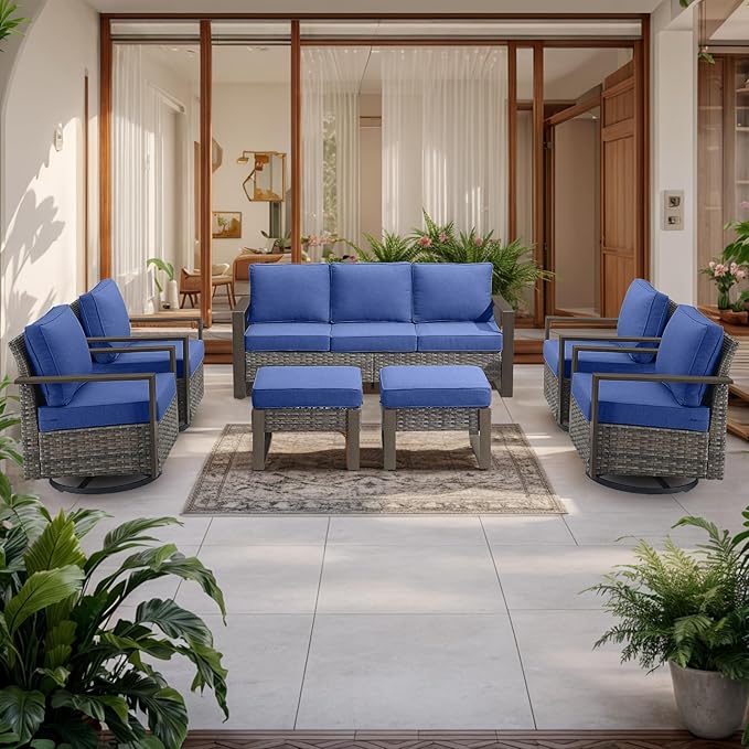 Rilyson Outdoor Wicker Patio Furniture Set - 7 Piece Patio Conversation Set with 4 Wicker Swivel Rocker Chairs,2 Rattan Ottoman and 1 Couch,Thick Cushions,Deep Seating,Wide Armrest(Mixed Grey/Blue)