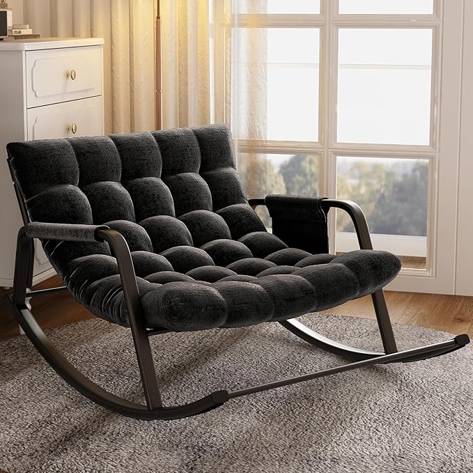 Rocking Papasan Chair, Indoor Outdoor Patio Rocking Chairs, Double Papasan Chair with Cushion, Oversized Modern Rocker Chairs for Living Room, Bedroom, Porch, Garden Black