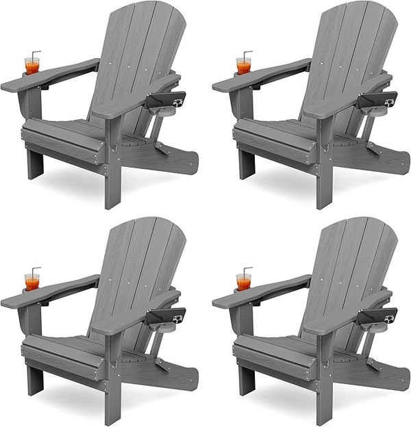 KINGYES Folding Adirondack Chair Set of 4, Dual Cup Holders & All-Weather HDPE, Wood-Like Patio Chair for Backyard - Photo 1