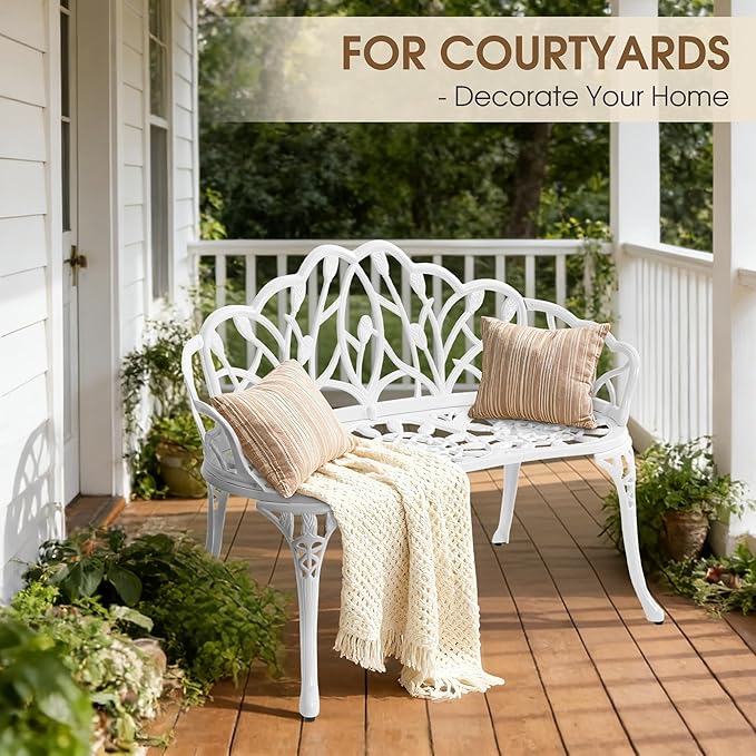 Outdoor Bench, Cast Aluminum Double Seating with Backrest and Armrests, Mental Outdoor Furniture for Patio, Porch, Garden, Park, White Tulip