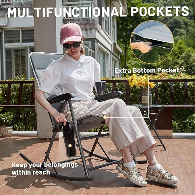 Timber Ridge 3-Level Adjustable Rocking Camping Chair, Padded High Back Outdoor Rocking Chair with Side Pocket, Portable Folding Rocker for Adults, Supports 300 LBS for Lawn, Patio, Porch