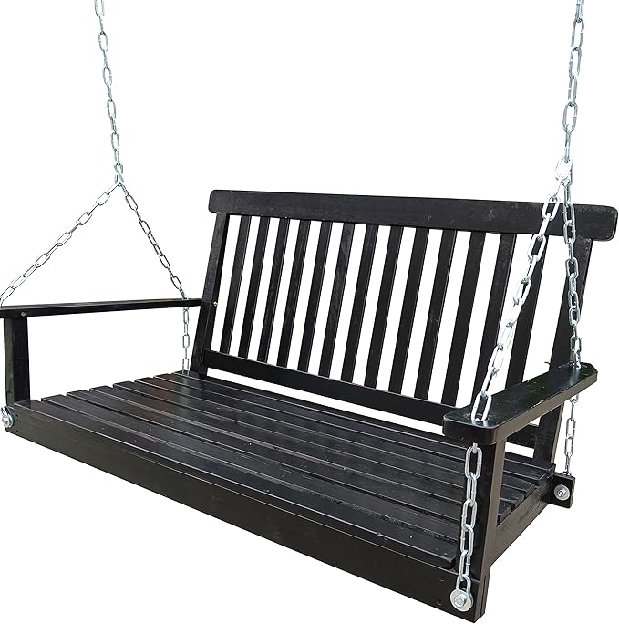 Bellemave Front Porch Swing Wood Hanging Bench with Armrests Outdoor Swing Chair with Chains, for Patio Backyard Poolside Garden Yard Sunroom, Easy to Assemble, Black Wood