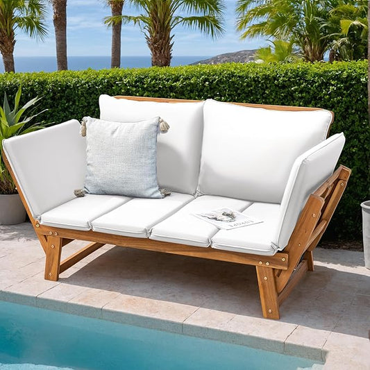 Greesum Patio Convertible Couch Sofa Bed with Adjustable Armrest, Acacia Wood Outdoor Daybed with Cushion & Pillow, Folding Chaise Lounge Bench for Porch Courtyard Poolside,White