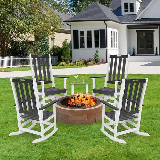 Aoodor Outdoor Rocking Chair, Ergonomic HDPE Rockers with All-Weather Design for Patio or Porch, Clashing Colors, Dark Gray and Whitev,Set of 4