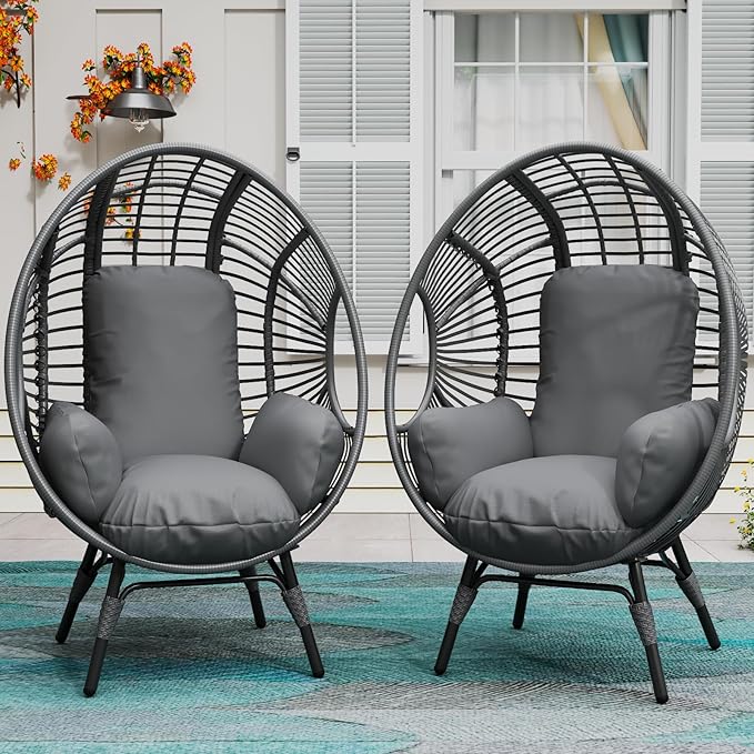 Oversized Wicker Egg Chair, Outdoor Indoor Rattan Patio Egg Lounge Chairs with Cushion 500lbs Capacity for Living Room, Balcony, Backyard (2 PCS, Black-Regular)