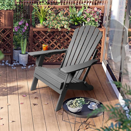 FUNBERRY Folding Adirondack Chair with Adjustable Backrest, HDPE All Weather Fire Pit Chairs with Cup Holder