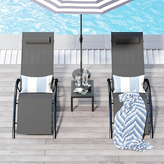 Aluminum Outdoor Chaise Lounge Set of 3,Patio Textilene Lounge Chairs w/Metal Table&Headrest,Sunbathing Recliner w/5 Adjustable Backrest for Outside Yard Balcony Garden Pool Beach Deck,Grey