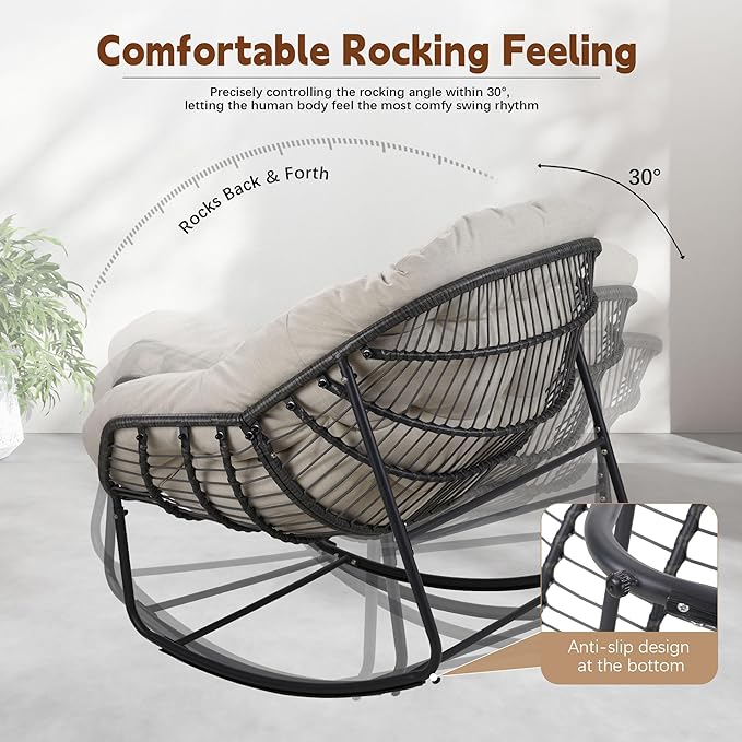 Oversized Rocking Chair Outdoor Set of 2, Rocking Papasan Chair, Patio Egg Chair with Padded Cushion, Outdoor Wicker Rocking Chair for Front Porch, Garden, Patio (Beige)