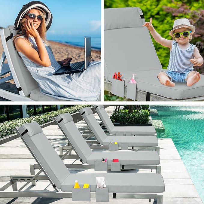 Tondiamo 2 Set Outdoor Chaise Lounge Cushions with Pillows and Storage, 72 x 21 x 3 Inch Outdoor Lounge Chair Seat Pads Outside Waterproof Chaise Cushion for Lawn Patio Furniture(Light Gray)