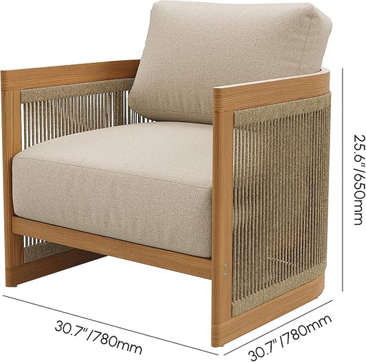 homary Teak Outdoor Chair, Rope Woven Patio Lounge Chair with All-Weather Cushions, Deep Seat Ergonomic Armchair with Removable Washable Covers (1 Chair)