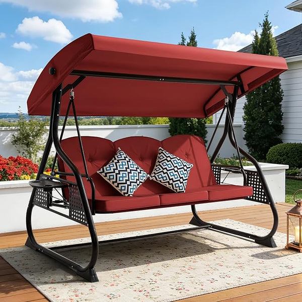3 Seat Outdoor Porch Patio Swing with Adjustable Canopy& Backrest, Outdoor Swing for Adults - Photo 1
