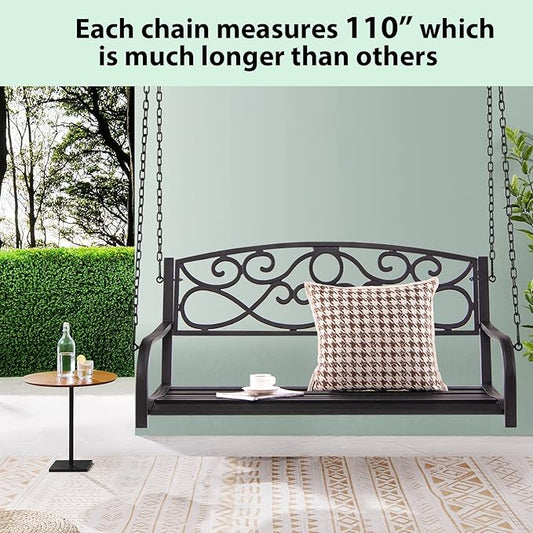 Giantex Metal Porch Swings 2 Person Outdoor Hanging Garden Bench with Sturdy Chains, Wide Seat & Curved Armrests, 485 Lbs Weight Capacity Swing Loveseat for Deck, Backyard Patio Swing Chair (Brown)