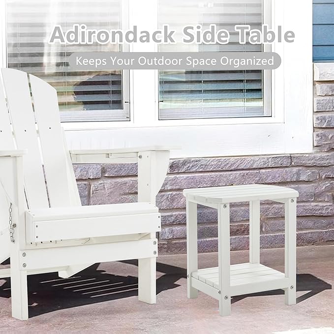 Adirondack Small Outdoor Side Table - Weatherproof HDPE Patio End Table with 2-Tier Storage for Firepit, Balcony, Garden, Poolside or Bathroom (White, Set of 1)