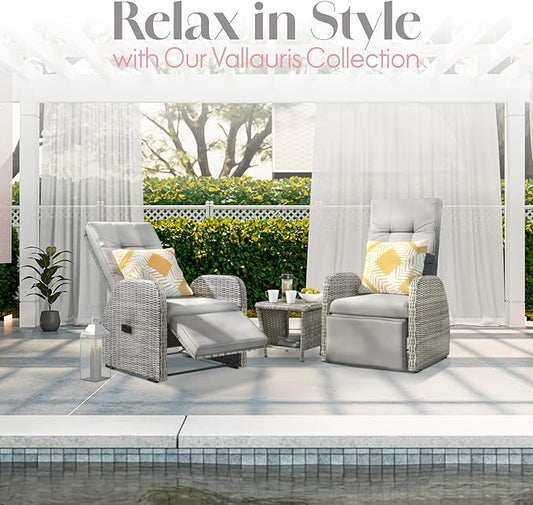 Elle Decor Vallauris Patio Outdoor Furniture Collection, Premium All Weather Wicker, 3 Piece Reclining Set, Gray