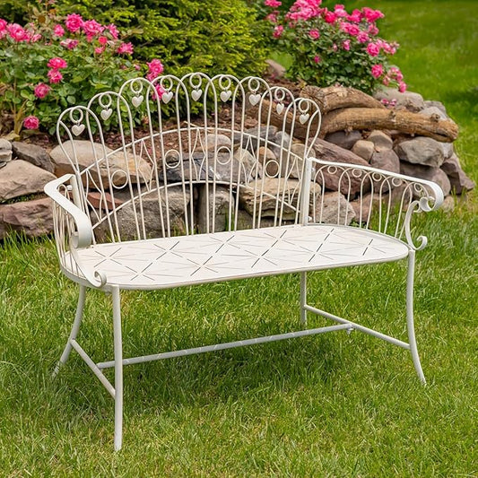 Zaer Ltd. Vintage Style Metal Patio Furniture with Heart Design Accents, Outdoor/Indoor Decor (Distressed White, Set of 3 (Bench, Table, Chair))