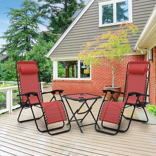 Athena Collection Zero Gravity Outdoor Lounge Chair Set of 2 with Side Table, 25" Width Pool Lounge Lawn Chairs Reclining with Cup Holder, Outdoor Chaise for Beach Patio Backyard Outside, Dark Red