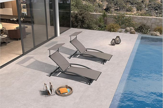 PURPLE LEAF Patio Lounge Chair with Canopy Shade Outdoor Chaise Lounge Chair Set of 2 for Lawn Poolside Backyard Sunbathing Tanning Chairs with Arm Brown