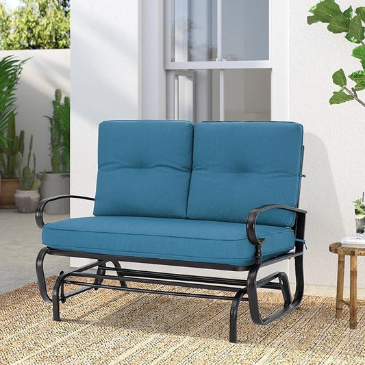Outdoor Glider Rocking Bench 2 Person Patio Loveseat Steel Frame Furniture Set for Patio, Garden, Yard, Porch with Resistant Cushions (Peacock Blue)