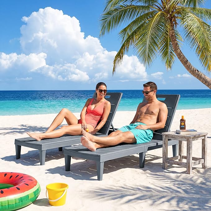 Greesum Outdoor Chaise Lounge Chair Set of 2, Waterproof 5-Position Adjustable PP Sun Loungers for Patio, Poolside, and Beach Sunbathing, Gray