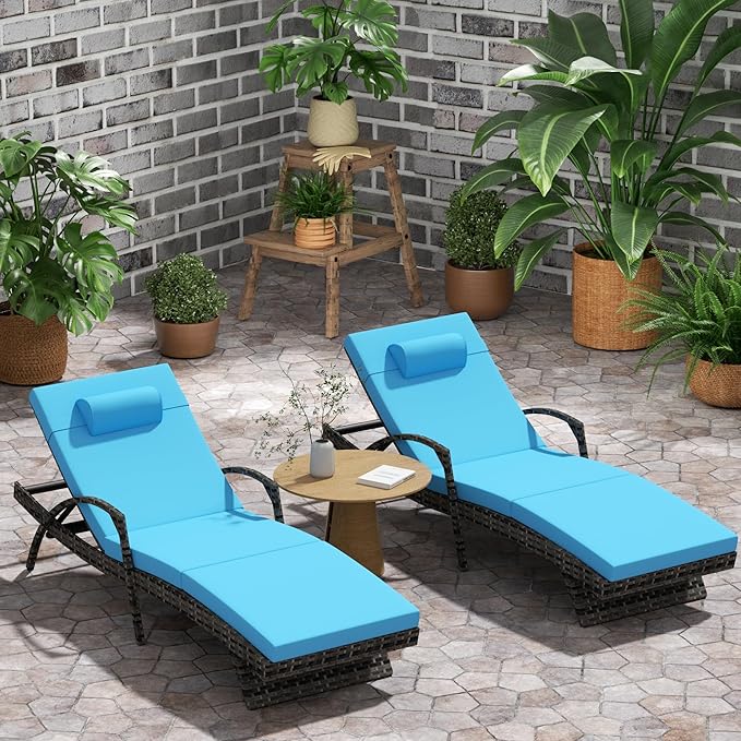 Outdoor Lounge Chairs Set of 2,Wicker Chaise Lounge Chair Pool Chaise Lounge,Patio Lounge Chair with Adjustable Backrest Arm Cushion for Poolside