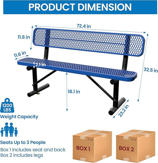 6 Feet Steel Park Bench for Outside, Outdoor Bench with Backrest & Portable Frame, Commercial Benches for Shopping Malls, Stores, Parks, Patios, Decks, Dark Blue